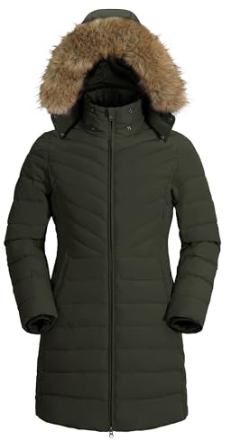 Pioneer Camp Abrigo de invierno para mujer, largo, cálido, acolchado, impermeable, chaqueta de invierno para mujer, con cuello de piel sintética extraíble, verde oliva, XL