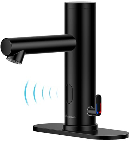Achelous Automatic Touchless Bathroom Sink Faucet with Deck Plate,Hands Free Infrared Sensor Basin Faucet with Temperature Control, Battery Powered Sensor Bathroom Tap,Black
