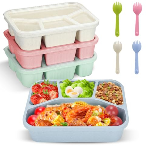 Lunchbox 4er Set, Bento Brotdose mit Fächern für Erwachsene & Kinder, Mikrowellengeeignet, Wiederverwendbar, Premium Brotzeitbox Vesperdose Frühstücksbox Jausenbox Essensbox mit Deckel mit Fruchtgabel