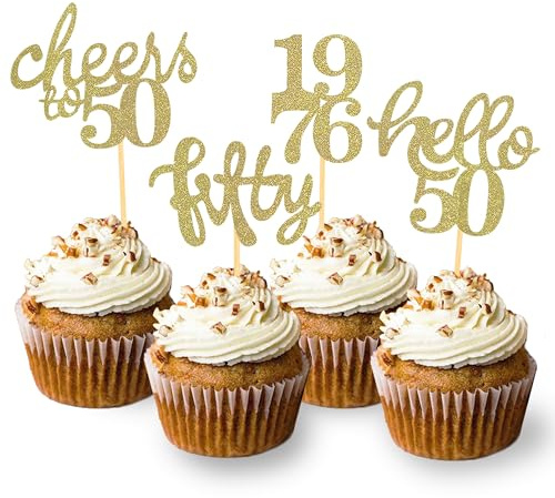 24 Stück Glitzer 50. Geburtstag Cupcake Topper, Geburtstagsdeko 50 von 1976 für Deko zum 50.Geburtstag, 50 Geburtstagsfeier Zubehör Party Dekoration Kuchendekoration (Neu Gold)