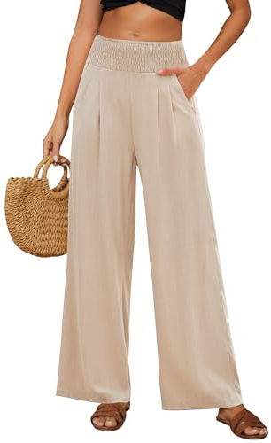 PASUDA Pantalon Femme Été Lin Pantalons Taille Haute Elastique Ample Pantacourt Coton Grande Longueur Palazzo Pants Jambe Large Fluide Droit Décontractée avec Poches (Kaki, XL)