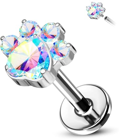 CM Crareesi Mania Titanium Helix Stud Paw Conch Tragus Piercing Jewellery 16G 8mm Forward Labret Lip Stud Heart Rainbow CZ Flat Back Cartilage Earrings Piercing Jewelry for Women Men