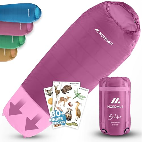 NORDMUT® Schlafsack Kinder mitwachsend für zuverlässigen Kälteschutz – Kinderschlafsack aus schadstofffreien Materialien – 3-Jahreszeiten Kinderschlafsack (200 GSM) für Outdoor Abenteuer (Violett)