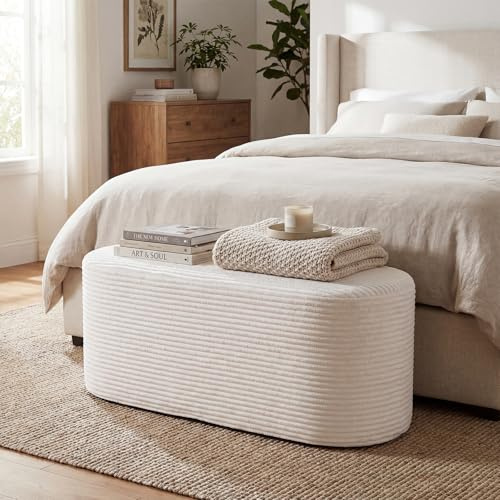 COSTWAY Banco para Pie de Cama, Banco Otomano Tapizado con Tejido de Pana y Espuma de Alta Densidad, 120 x 46 x 48 cm, Extra Suave, Puff Otomano Ovalado para Entrada, Salón, Dormitorio, Pasillo, Beige