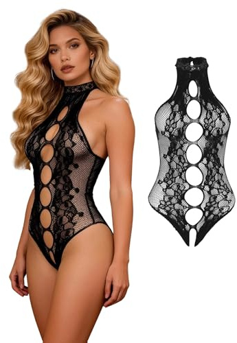 comeondear Babydoll Mujer Sexy Lencería Entrepierna Abierta Body de Malla Atrevida Tirantes Lenceria Rejilla Sin Espalda Talla Grande Lingerie Women Ropa de Dormir Camisón de Novia Negro,XS-M