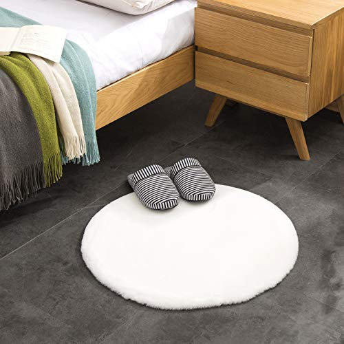 Teppich Wölkchen Fell Rund, Fellteppich Rund, Kunstfell Teppich Waschbar, Hasenfell, Kaninchenfell - Flauschiger Teppich Wohnzimmer, Bettvorleger Schlafzimmer - Weiss - Rund 60cm