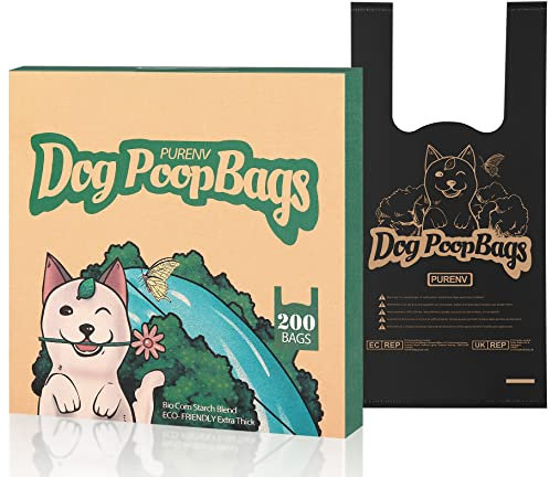 PURENV Hundekotbeutel Biologisch Abbaubar mit Henkel, 200 Eco-Freundlich Kacktüten für Hunde mit Griff, Große 18 * 38 CM, 100% Auslaufsicher, Extra Dick und Stark 3-Monatsvorrat mit Spenderbox