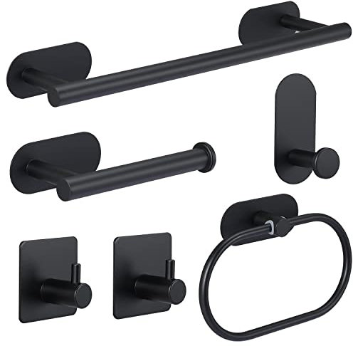 Juego de Accesorios de Baño - Herrajes de Acero Inoxidable de 6 Piezas, Toallero de Baño + Soporte de Papel Higiénico + 3 Ganchos para Albornoz (Negro)