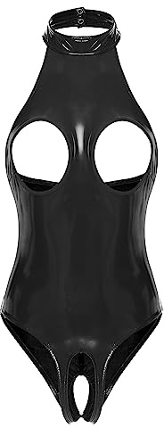 Kaerm Women's Shiny Faux Leather Cut Out Tank Bodysuit High Cut Teddy Catsuit for Club Party Black 3XL