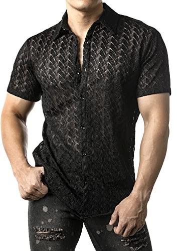 JOGAL Herren Hemd Transparent Kurzarm Freizeithemd Männer Spitzenhemd Sommer Lässig Lace Shirt Outfit Schwarz L