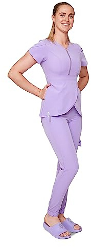 SCRUBZEY Scrub Set for Women – Plunge Zipper Neckline Scrub Top with Two Side Pockets & Waist Drawstring, Scrub Pant with Multiple-Pockets & Adjustable Drawstring, Nursing Scrub set for Women
