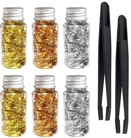ATBUSS 6 botellas de hojas de papel de aluminio con 2 clips, hojas de papel dorado plateado, lámina de oro para manualidades, hojas de lámina de metal, hojas de decoración del hogar para arte de