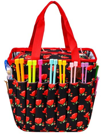 Coopay Borsa per uncinetto, organizer per ferri da maglia, lana e uncinetto, borsa per lavori a maglia, borse per lavori a maglia e organizer per maglieria, borse artigianali con scomparti, Rosa