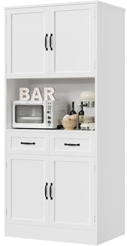 HOSTACK 71“ Tall Kitchen Pantry Storage Cabinet, Modern Kitchen Hutch Bar Cabinet with Microwave Stand, Wood Buffet Sideboard with Hutch, Cupboard with Drawers, Shelves for Dining Room, White