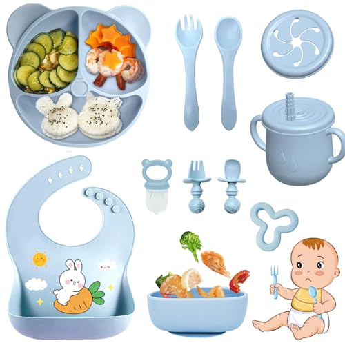 Bizcasa Vajilla Bebe Silicona, 11 Piezas Vajilla de Silicona para Bebés Antideslizante, Con Plato Cuenco Babero Taza, Cubiertos Bebe para comer destete, Sin BPA (Azul)