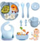 Bizcasa Vajilla Bebe Silicona, 9 Piezas Vajilla de Silicona para Bebés Antideslizante, Con Plato Cuenco Babero Taza, Vajilla de aprendizaje para comer destete, Sin BPA (Azul)