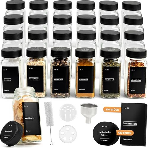 EDELHAUS Gewürzgläser Eckig Set mit Schwarzem Deckel (24 x 120ml) Gewürzstreuer mit Streueinsatz und 240 Etiketten Schwarz - Gewürzbehälter, Gewürzdosen, Gewürze organizer [10,5cm x 4,5cm]