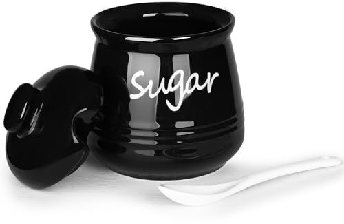 HAOTOP 12oz Sugar Bowl with Lid and Spoon,Ceramic Sugar Jar Sugar Dispenser Sugar Container Coffee Bar Accessories, Kitchen Countertop Canisters, Black