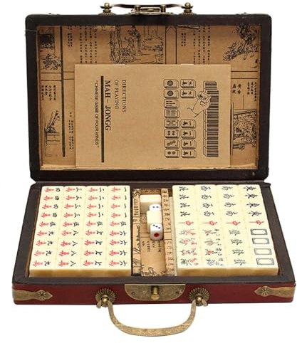 Ensemble Mahjong Antique Portable avec 144 Pièces + Étui en Cuir Archaïsant, Jeu de Chinois
