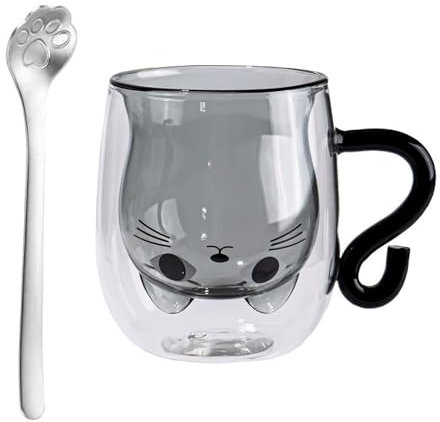 Binblin Taza Gato,Tazas de Cafe,tazas Cafe Cristal,Vasos Cafe Cristal,Taza Doble pared Cristal,Taza Gatos Tazas de Espresso de Vidrio de Borosilicato de Doble pared con asas
