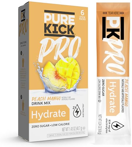 PURE KICK PRO Hydration - Mezcla de bebida con electrolitos, melocotón y mango, incluye 1 caja con 6 paquetes en cada caja