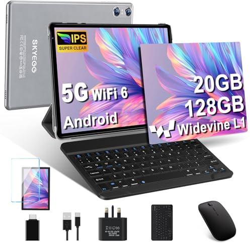 SKYEGG 10 Inch Android 14 Tablet with Keyboard and Mouse, Case Included, 20GB RAM 128GB ROM (1TB Expand), WiFi 6, Octa-Core, Widevine L1 HD Streaming, USB-C, 6000mAh – Gemini AI – Grey