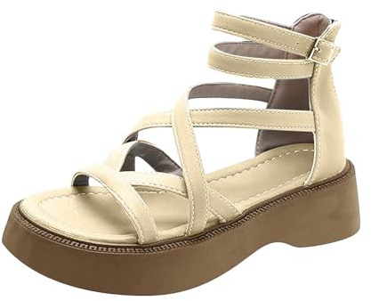 Sandalias de Mujer Elegantes con Tacón Alto, Estilo Romano con Cuña, Plataforma Monocolor de Tiras para Playa y Verano