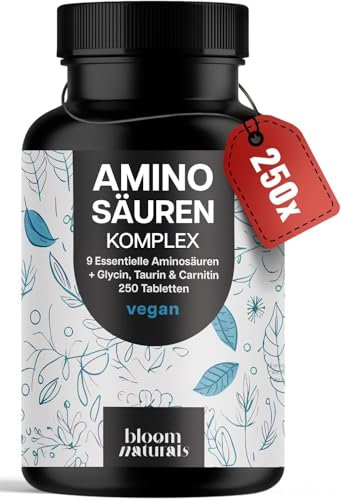 Aminosäuren Komplex Hochdosiert - 250 Tabletten - 6105 mg pro Tagesportion mit 9 Essentiellen Aminosäuren + Glycin, Taurin & Carnitin - Protein Kapseln - Vegan & produziert in Deutschland