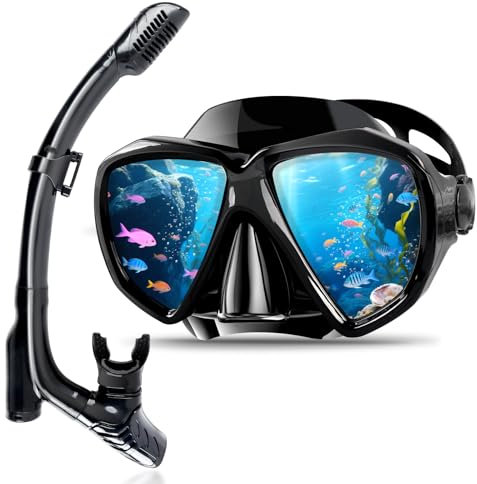 Schnorchelset für Erwachsene und Kinder, Schnorcheln Set mit Dry Schnorchel und Taucherbrille,180°Anti-Leck Anti-Fog Taucherbrille mit Nase für Schnorcheln, Schwimmen und Tauchen (Schwarz)