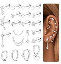 CASSIECA 21Pcs Helix Piercing Jewellery Hypoallergenic Tragus Earrings Set Flat Back Earrings Silver Helix Hoop Tragus Stud Cartilage Earring Conch Rook Piercing Jewellery Silver Earring for Women