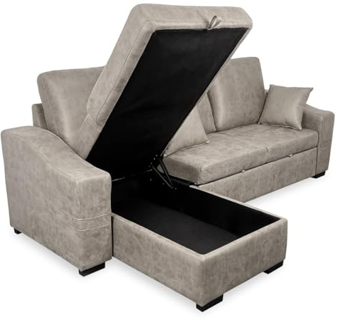 amuéblate online - Chaise Longue Reversible Sofá Cama con Arcón de Almacenaje Modelo Nara, Diseño Moderno, Práctico y Funcional, con Reposabrazos y Cojines Decorativos, Color Gris