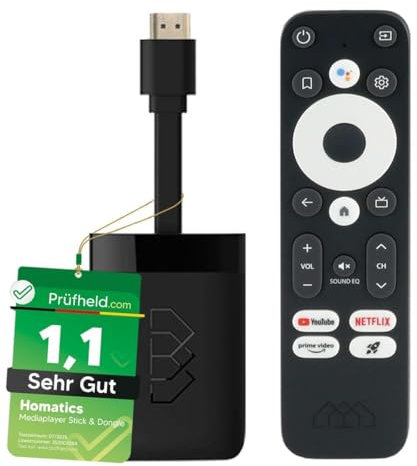 [Test SEHR GUT, Note 1.1 *] Homatics Dongle R 4K UHD | Google & Netflix Zertifiziert | Chromecast Smart Home Steuerung | Android TV Streaming Mediaplayer IP Stick mit NONIC HDMI Verlängerungskabel