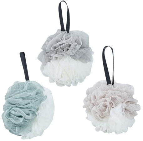 VALICLUD 3 pièces Éponge de Bain Boules de Réutilisables Maille Vert Rouge Foncé pour Adultes Accessoires de Salle de Bain Doux et Exfoliants