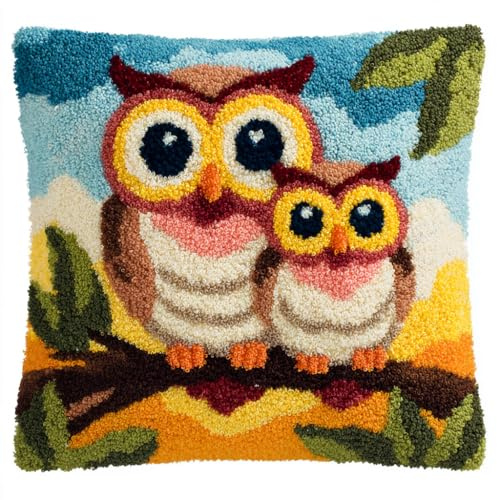 AMBATTERY Kit Cuscino Con Gancio Di Chiusura, Gufo animale Kit per Cuscini con Chiusura a Gancio Fai Da Te Cuscino Fatto A Mano All'Uncinetto Ricamo,43x43cm