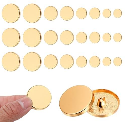 24Pcs Gold Buttons for Blazer, Gold Metal Flat Button Round Shaped Sewing Coat Button Replacement for Men Women Suit Woolen Shirt Jacket Trousers Sewing Crafts, 10mm 15mm 20mm 25mm