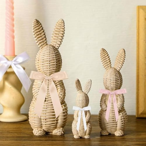 3 figuras decorativas de conejo de Pascua con efecto de ratán, estatua de jardín de conejo de Pascua de mimbre, juego de figuras de conejo de Pascua, decoración de centro de mesa de primavera de