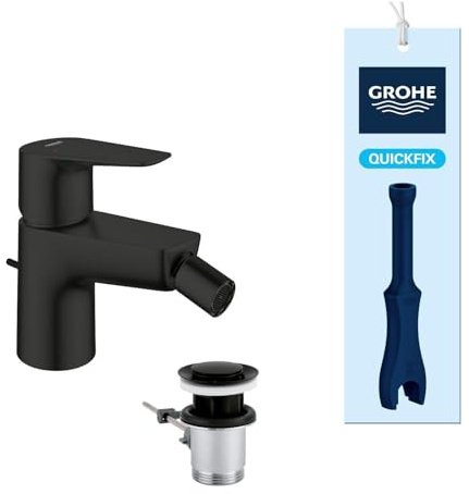 GROHE Start Edge QuickFix - Grifo de bidé con desagüe Pop-Up, cartucho cerámico 28mm, ahorro de agua, latiguillos 3/8, QuickTool incluido, Negro Mate, 233452431
