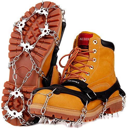 AUHIKE Ramponi ad Artiglio a 19 Denti l Copriscarpe Antiscivolo con Catena in Acciaio Inossidabile per Camminare su Neve e Ghiaccio (M, Nero di Carbonio)