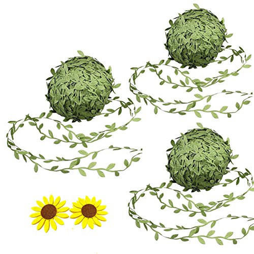 3 Rolls 20m Artificial Ivy Leaf Ribbon Fake Olive Green Vines Trim Jungle Garland with Sunflower Felt Applique for Rustic Wrapping Wedding Home Garden Decoration Craft Supplies