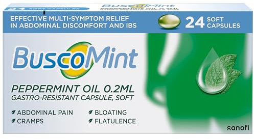 Buscopan Buscomint 0.2 ml Peppermint Oil IBS Multi Symptom Treatment, Soft Gel Capsules, 24 Count (Pack of 1), 100% Natural Active Ingredient, Preservatives Free
