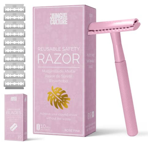 Jungle Culture Safety Razor for Women & Men in Pink • Reusable Metal Razor • No Blades Included - Fits All Double Edge Blades • Eco Friendly • Shaving Guide included • for Body & Face