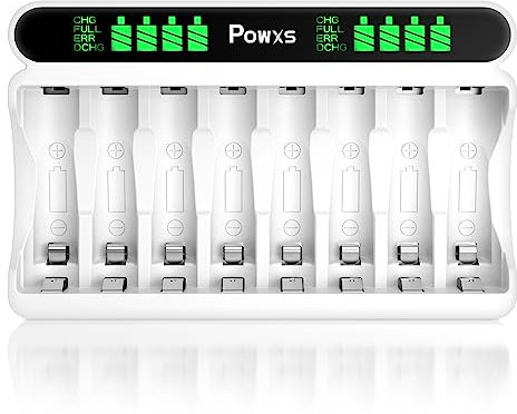 POWXS Batterie ladegerät für NI-MH NI-CD AA/AAA Akkus, 8-Ladeplatz Akku Ladegerät mit LCD Anzeige, Universal Schnell Akkuladegerät Micro USB und Type-C Eingang für Mignon AA und Micro AAA