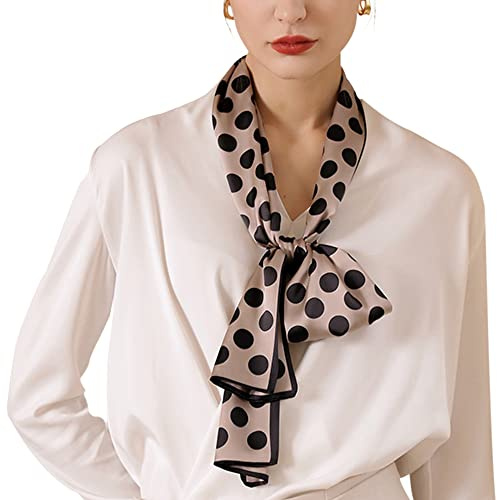 Femme Fille Soie Artificielle Longue et Fine Foulard pour Cheveux Foulard à Cravate Élégante Headband Accessoires Cheveux Ceinture 15×150cm - À Pois Café