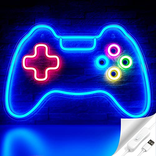 Cisteen Game Neon Sign, Gamepad Shape LED Neon Light Signs with Acrylic Board, USB Powered Game Room Decoration Wall Light, Gamer Gifts Neon Lights for Boys Teen Gaming Zone Party,Bedroom,Man Caves