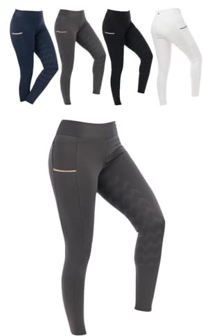 RIDING WORLD - Reitleggings für Mädchen Agadir | Leggings zum Reiten | Reithose mit Silikon-Vollbesatz & breitem Bund | Reiterhose mit 2 Handytaschen | Reitbekleidung in Grau | Größe 152