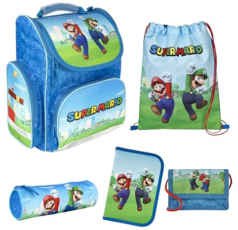 Undercover - Super Mario Schulranzen Set Clou - 1. Klasse Grundschule - mehrteiliges Set mit Geldbeutel, Sportbeutel, Schlamperetui und Schüleretui - Jungen