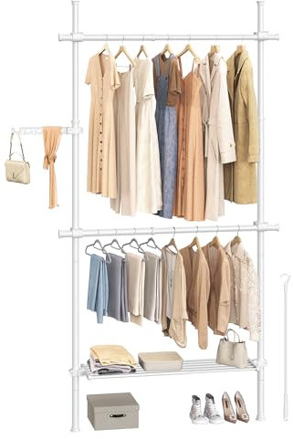 SONGMICS Teleskopstange Kleiderständer, 3-stufige Garderobe, höhen- und breitenverstellbar, offener Kleiderschrank mit 2 Kleiderstangen und abnehmbarer Ablage, Greifarm, mattweiß HSR136W01