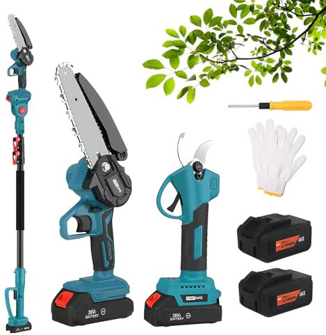 Electric Pruning Shears, Electric Garden Secateur with 2M Cordless Telescopic Pole, 6-Inch Lithium Battery Single-hand Saw, 2 X 3.0Ah Battery, for Tree Branches Trimming Pruning