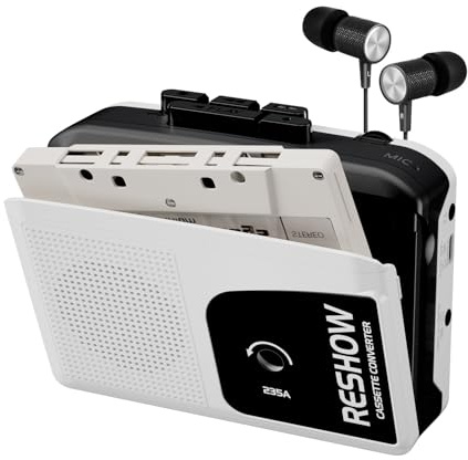 Reshow Lecteur de cassette, lecteur de cassettes compact portable avec écouteurs, convertisseur de cassette audio vers numérique, convertisseur USB vers MP3, blanc