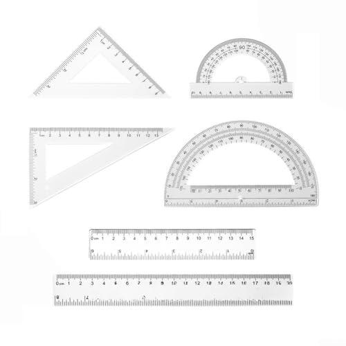 6 st transparent matematikset i plast med två gradskivor, triangel och raka linjaler för mätvinklar och längder med precision (vit)